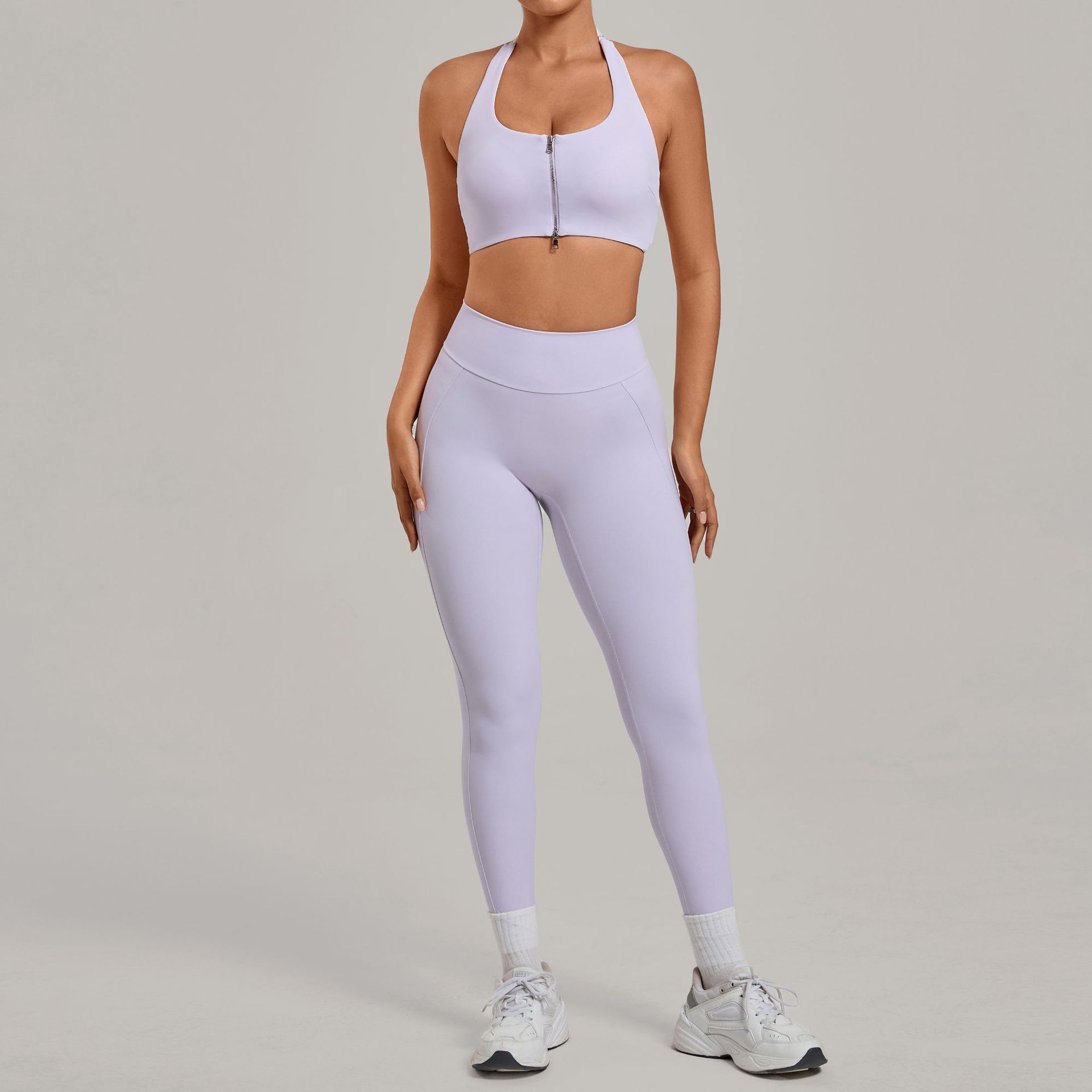 Pilates Yoga Legging - ชุดออกกำลังกาย 2 ชิ้นสำหรับผู้หญิง: บราแบบผูกคอพร้อมซิปและเลกกิ้งเอวสูงทรงกระชับสะโพก เหมาะสำหรับโยคะ ฟิตเนส